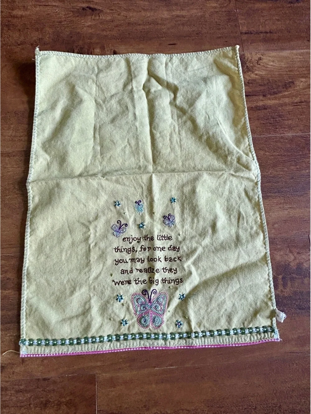Embroidered Linen Wall Hanging with Inspirational Quote and Butterfly Design